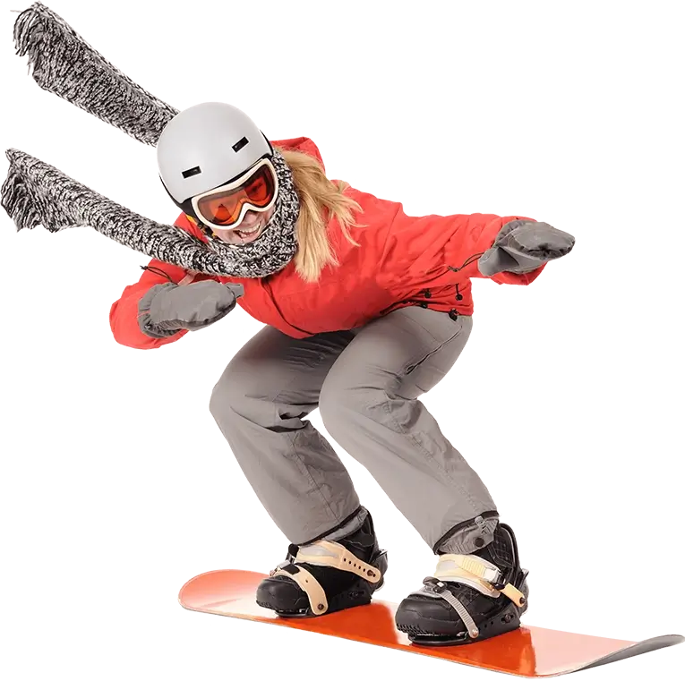 Female snowboarder in a light red jacket snowboarding down a hill, with her scarf in motion.